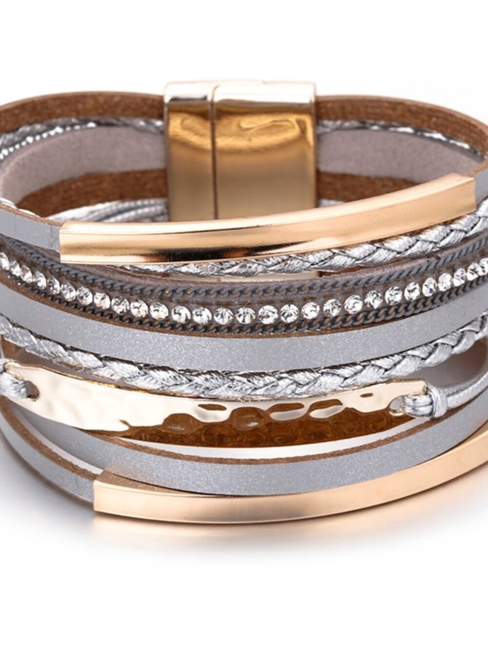 NWT Grey Silver Gold Layered Bracelet with Rhinestone Accents